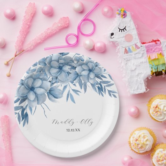 Frosty Grey Blue Floral Wedding Papieren Bordje (Feest)