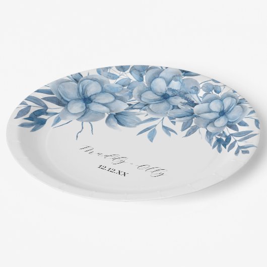 Frosty Grey Blue Floral Wedding Papieren Bordje (Gekanteld)