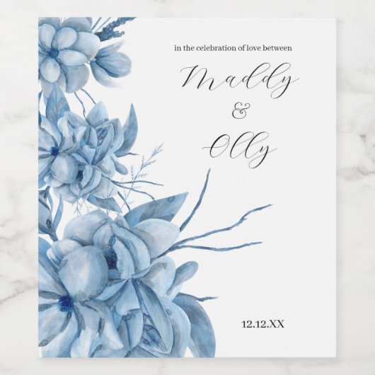 Frosty Grey Blue Floral Wedding Wijn Etiket (Enkel label)