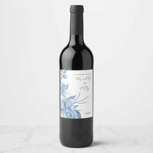 Frosty Grey Blue Floral Wedding Wijn Etiket (Voorkant)