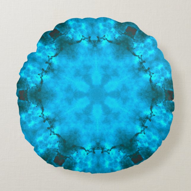 Frosty Ice Blue Snowflake Kaleidoscope Patroon Rond Kussen (Voorkant)