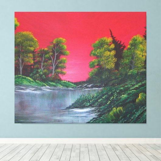 Frosty Lake Colorful Red Sunset Canvas Afdruk (Insitu (Houten vloer))
