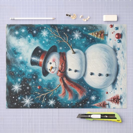 Frosty Night Snowman Whimsical Christmas Decoupage Tissuepapier (Craft)