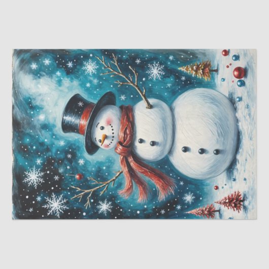 Frosty Night Snowman Whimsical Christmas Decoupage Tissuepapier (Voorkant)