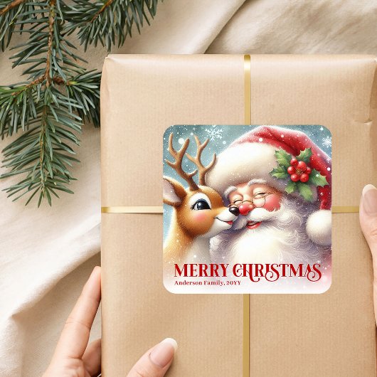 Frosty Personalized Santa and Rudolph Holiday Kids Vierkante Sticker