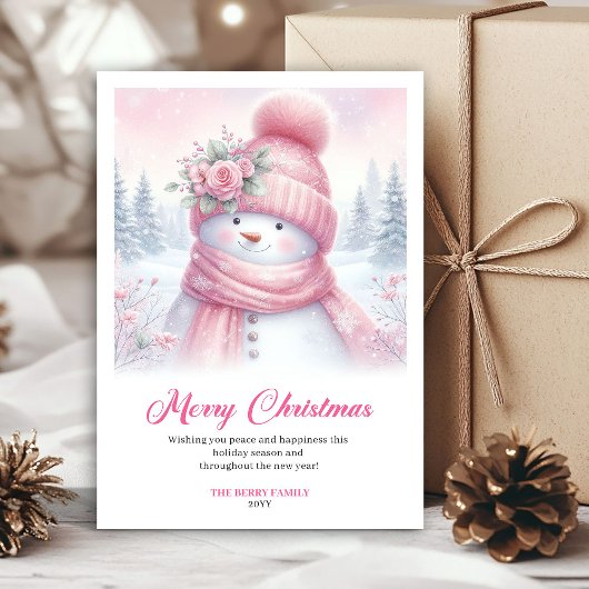 Frosty pink snowman kids greeting card editable feestdagenkaart