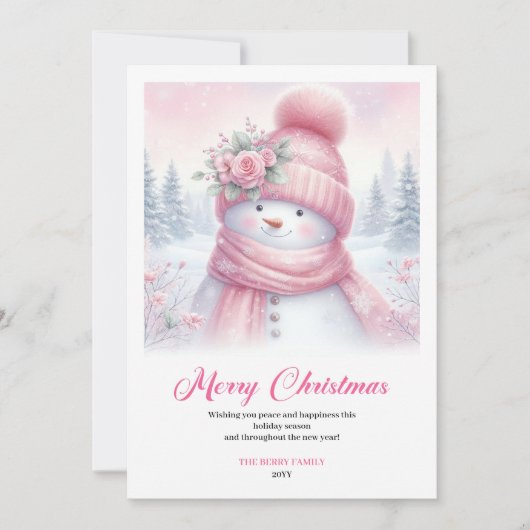 Frosty pink snowman kids greeting card editable feestdagenkaart (Voorkant)