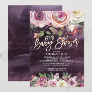 Frosty Roos Paarse Bloemen Baby shower Uitnodiging
