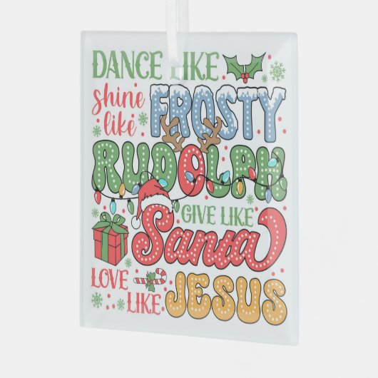 Frosty, Rudolph, Santa en Jezus Glas Ornament (Voorkant links)