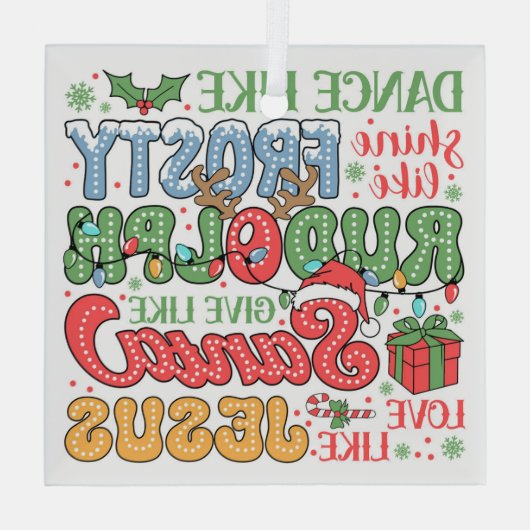 Frosty, Rudolph, Santa en Jezus Glas Ornament (Achterkant)