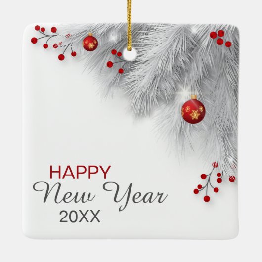Frosty Silver Bough Red Decorations kerst Keramisch Ornament (Achterkant)