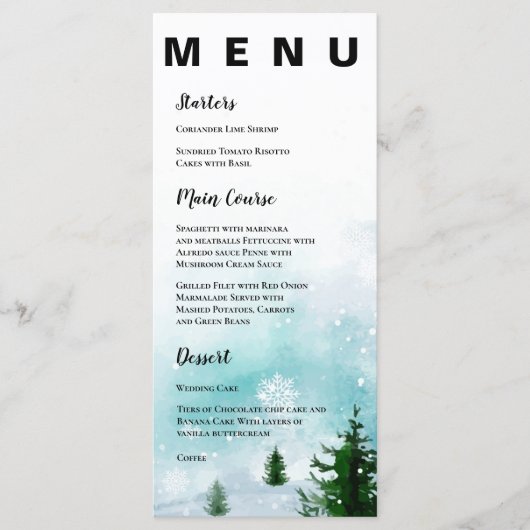 Frosty Sneeuwvlokken Winter Bruiloft Menu (Voorkant)