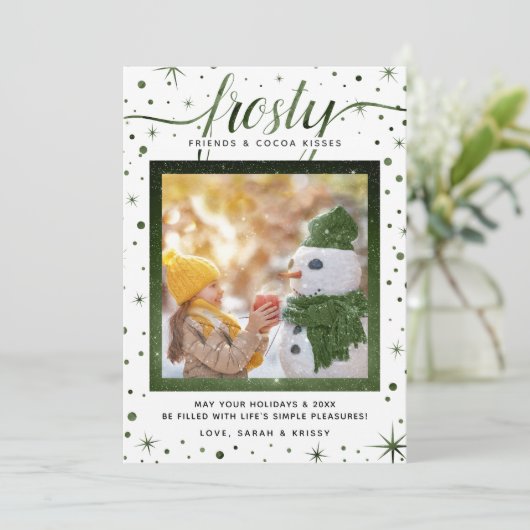 Frosty Snowflakes & Simple Pleasures | Groen Feestdagenkaart (Staand voorkant)