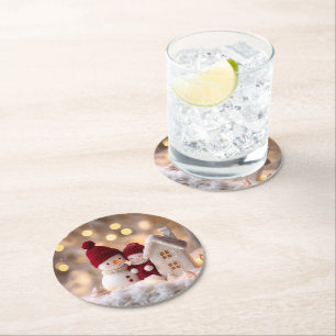 Frosty Snowman Broers en Zussen Winter Joy Ronde Kartonnen Onderzetter