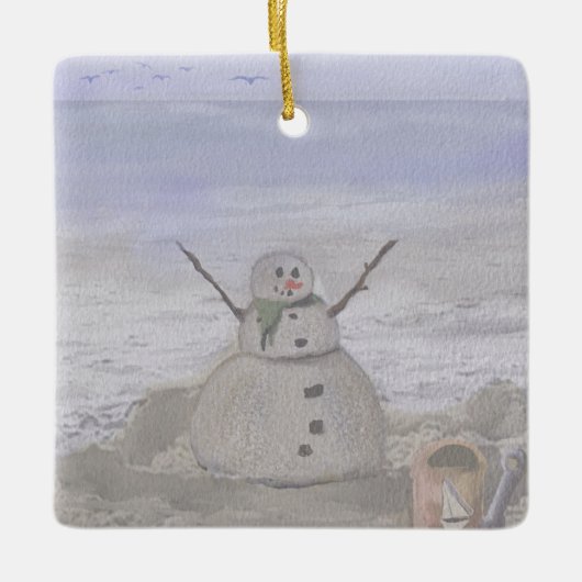 Frosty Snowman in het strand Keramisch Ornament (Voorkant)