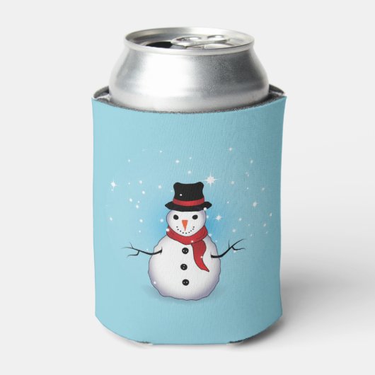 Frosty Snowman met Pet en Scarf op Light Blue Blikjeskoeler (Blikje Voorkant)