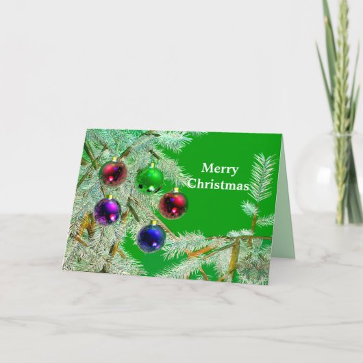 Frosty Tree Branches & Ornamenten op Groen Feestdagen Kaart (Voorkant)