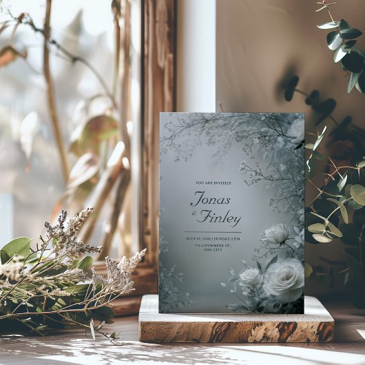 Frosty White Rose and Dusty Gray Winter Wedding Kaart