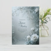 Frosty White Rose and Dusty Gray Winter Wedding Kaart (Staand voorkant)