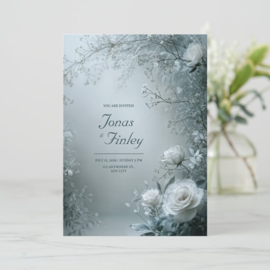Frosty White Rose and Dusty Gray Winter Wedding Kaart (Staand voorkant)
