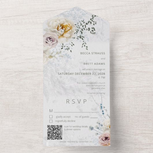 Frosty Winter Deel Floral Modern QR Code All In One Uitnodiging (Binnen)
