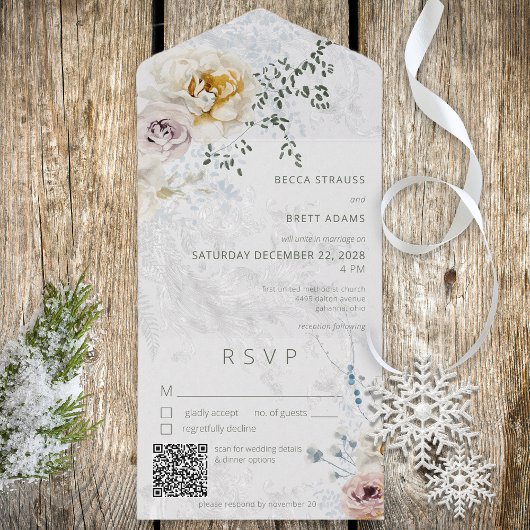 Frosty Winter Deel Floral Modern QR Code All In One Uitnodiging