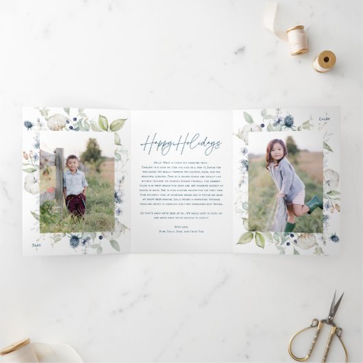 Frosty Winter Foliage Chique Kerstmis 4 Fotokaart Drieluik Uitnodiging (Binnen)