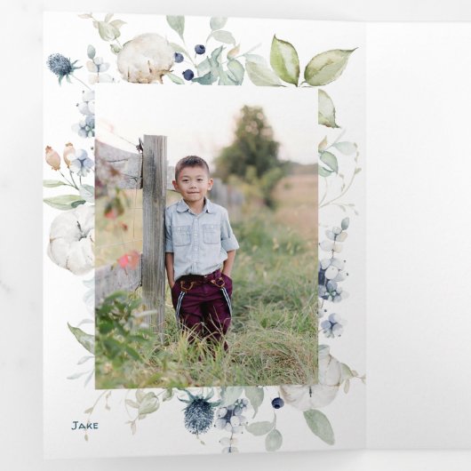 Frosty Winter Foliage Chique Kerstmis 4 Fotokaart Drieluik Uitnodiging (Binnenzijde eerst)