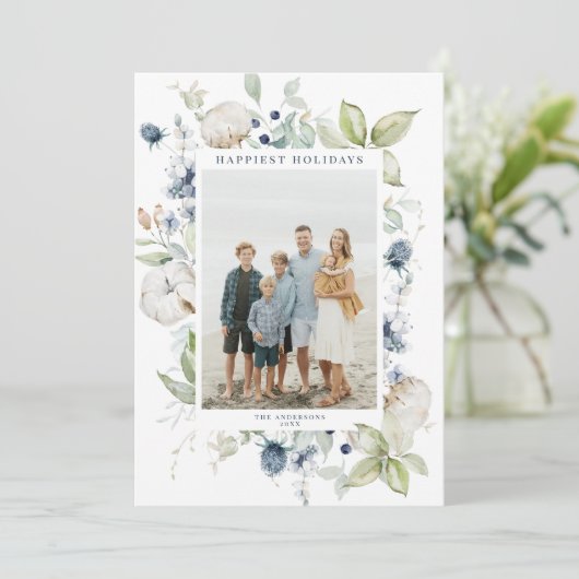 Frosty Winter Foliage Lijst Holiday Photo Card Feestdagenkaart (Staand voorkant)