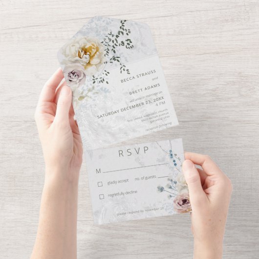 Frosty Winter Pastel Bloemen Modern Geen Diner All In One Uitnodiging (Afscheurbaar)