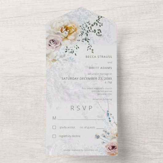 Frosty Winter Pastel Bloemen Modern Geen Diner All In One Uitnodiging (Binnen)