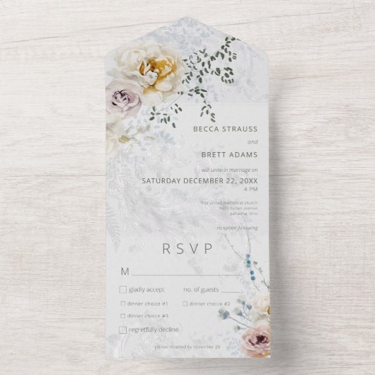 Frosty Winter Pastel Floral Modern Drie Diner All In One Uitnodiging (Binnen)