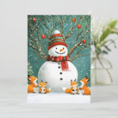 Frosty Winter Whimsical Snowman Fox Wonderland Feestdagenkaart (Staand voorkant)
