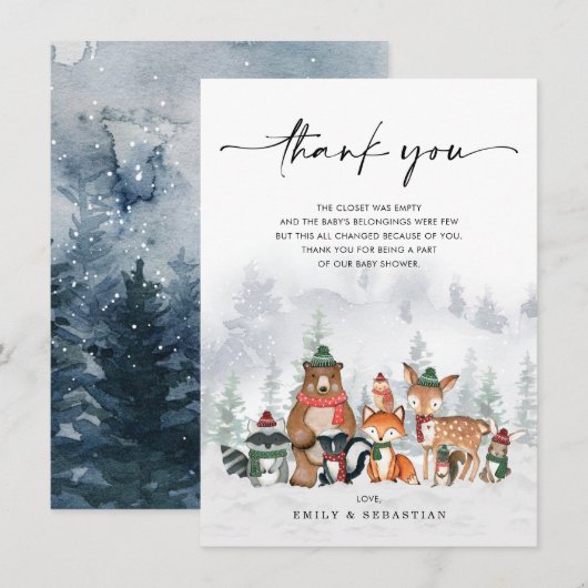 Frosty Winter Woodland Animals Forest Baby shower Bedankkaart (Voorkant / Achterkant)