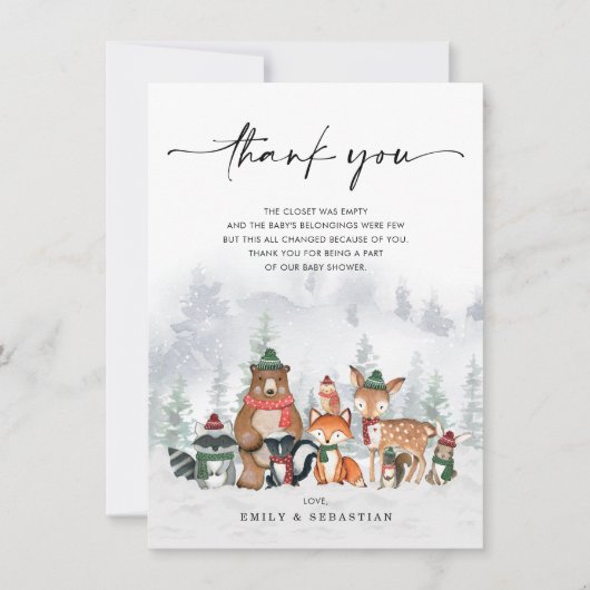 Frosty Winter Woodland Animals Forest Baby shower Bedankkaart (Voorkant)