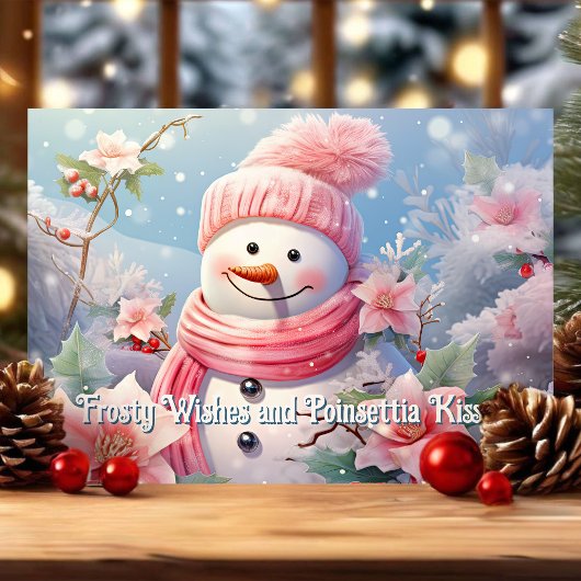 Frosty Wishes en Poinsettia kussen Snowman Feestdagen Kaart