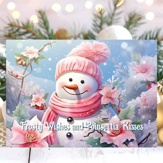Frosty Wishes en Poinsettia kussen Snowman Feestdagen Kaart