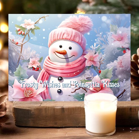 Frosty Wishes en Poinsettia kussen Snowman Feestdagen Kaart