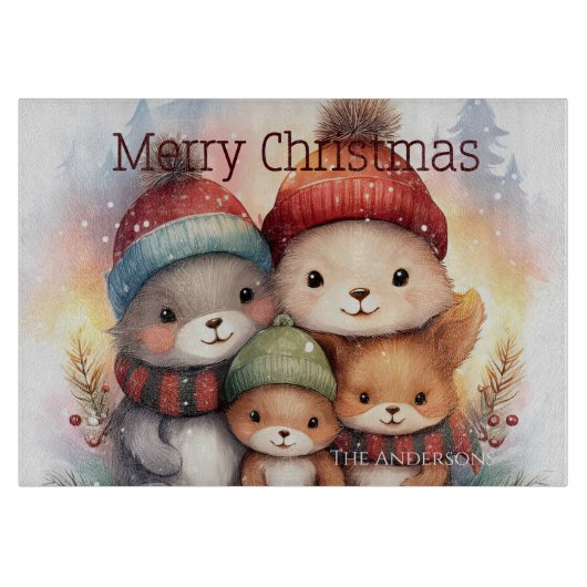 Frosty Woodland Family Merry Christmas Glass Snijplank (Voorkant)