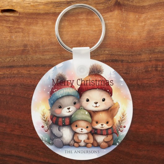 Frosty Woodland Family Personalize Merry Christmas Sleutelhanger (Achterkant)