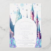 Frozen 1e verjaardag Cartoon Castle Folie Uitnodiging (Voorkant)