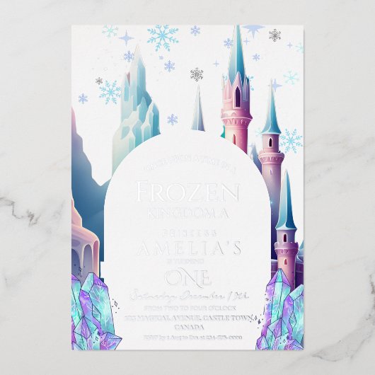 Frozen 1e verjaardag Cartoon Castle Folie Uitnodiging (Voorkant)