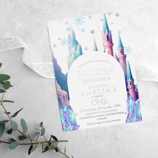 Frozen 1e verjaardag Cartoon Castle Folie Uitnodiging