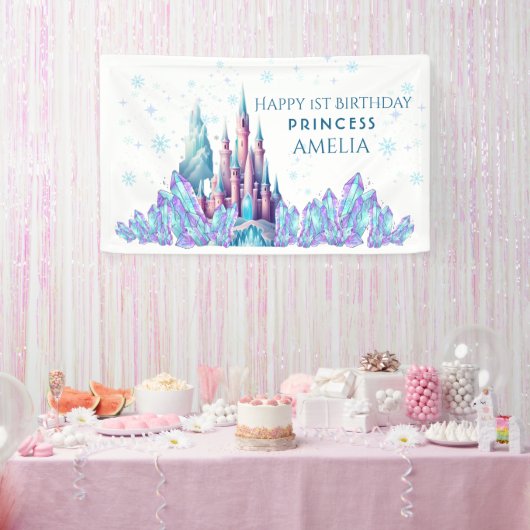 Frozen 1st Birthday Cartoon Castle First Birthday Spandoek (Feest)
