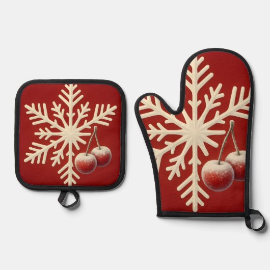 Frozen Cherry Snowflake – Winter Magic Design Ovenwant & Pannenlap Set (Voorkant)