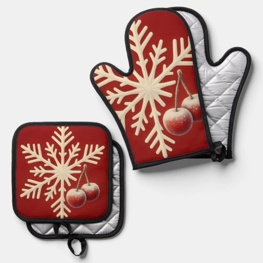 Frozen Cherry Snowflake – Winter Magic Design Ovenwant & Pannenlap Set (Voorkant / Achterkant)