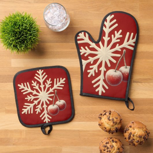 Frozen Cherry Snowflake – Winter Magic Design Ovenwant & Pannenlap Set (Top down)