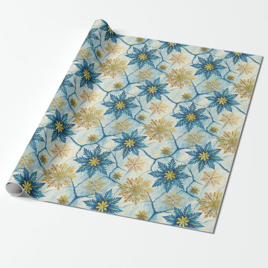 Frozen Elegance Blue and Gold Snowflake Cadeaupapier (Uitgerold)