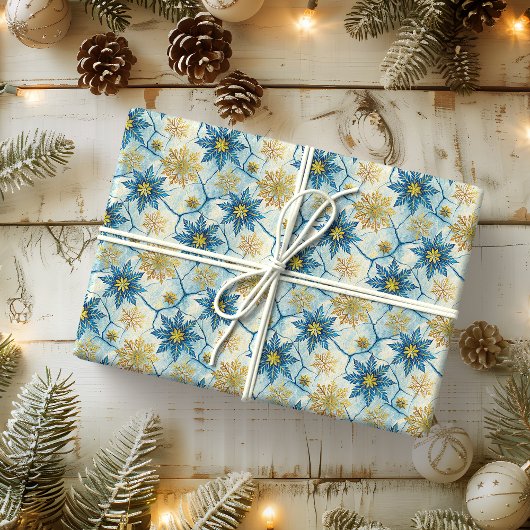 Frozen Elegance Blue and Gold Snowflake Cadeaupapier
