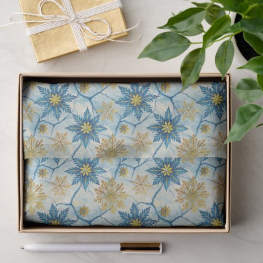 Frozen Elegance Blue and Gold Snowflake Tissuepapier (Geschenk)